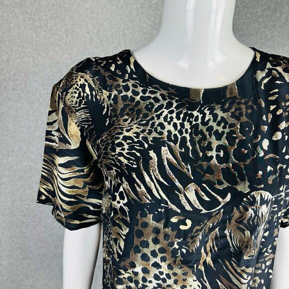 FU DA Womans Sz Medium Blouse Black Animal Print 100% Silk Short Sleeve - Picture 2 of 8